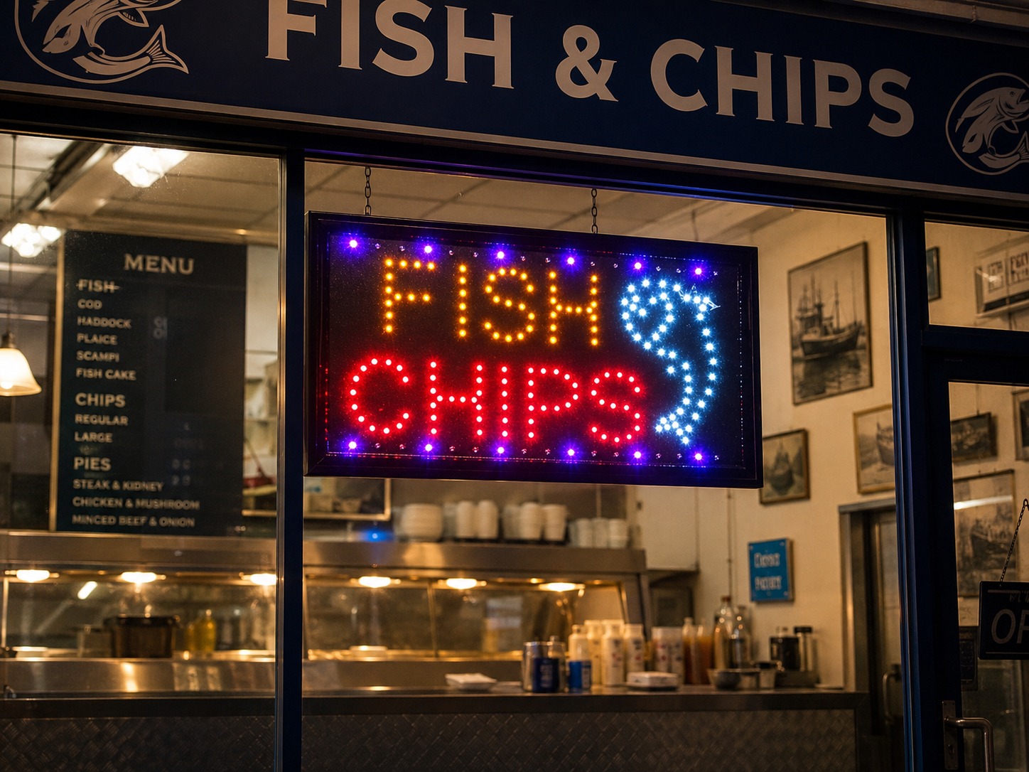 2 mode Flashing FISH CHIPS catering food led new window Shop signs