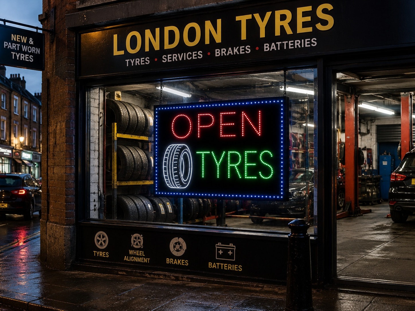 QUALITY FLASHING OPEN TYRES LED new window shop signs