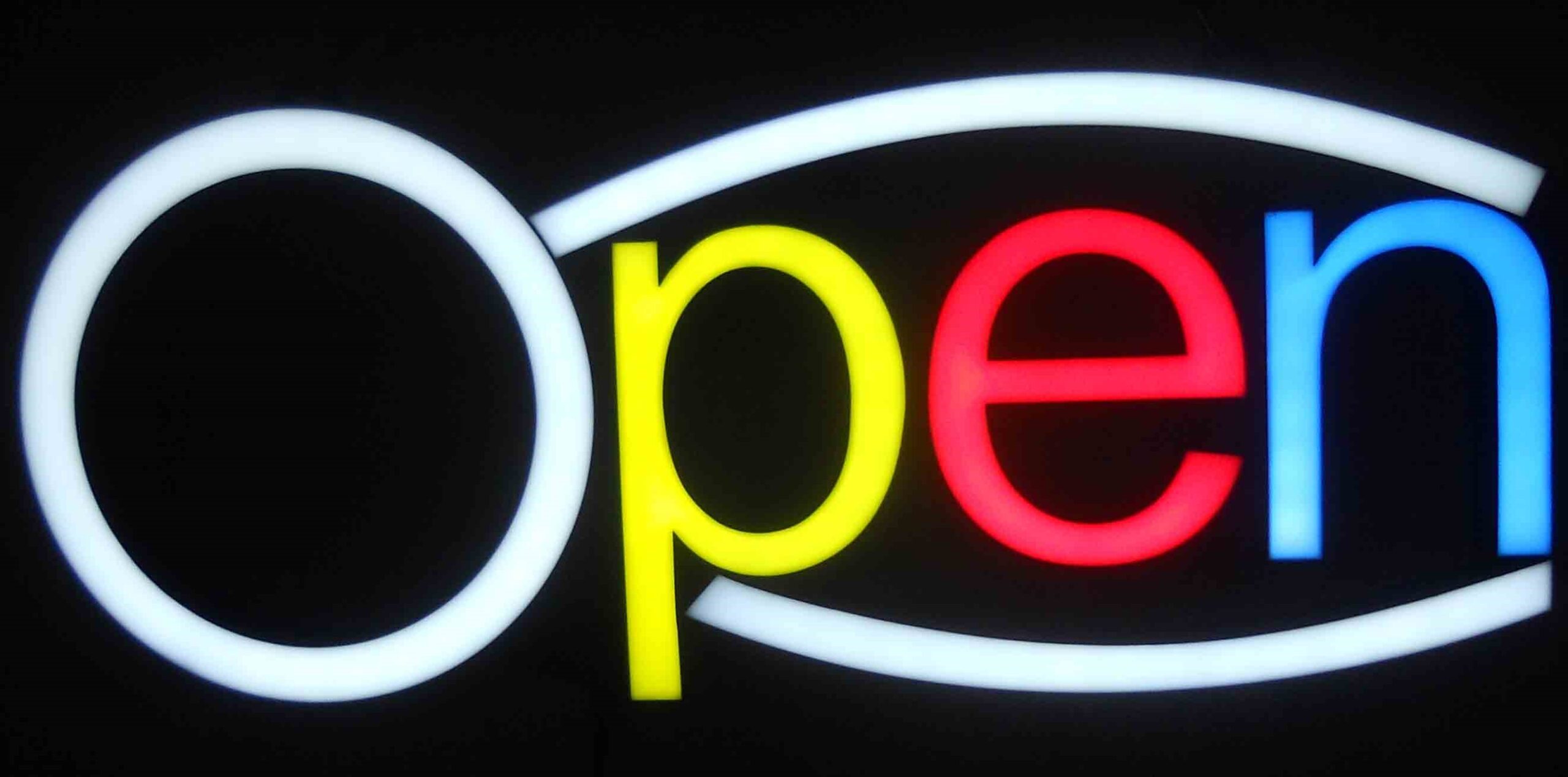 OPEN NEON LED Sign - colour white, yellow, red, blue - white colour curves - neon2